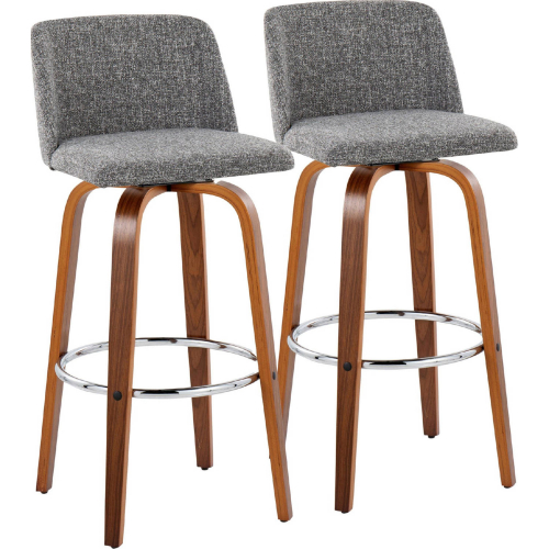 Toriano 30" Swivel Bar Stool in Walnut Wood & Grey Noise Fabric w/ Chrome Footrest (Set of 2)